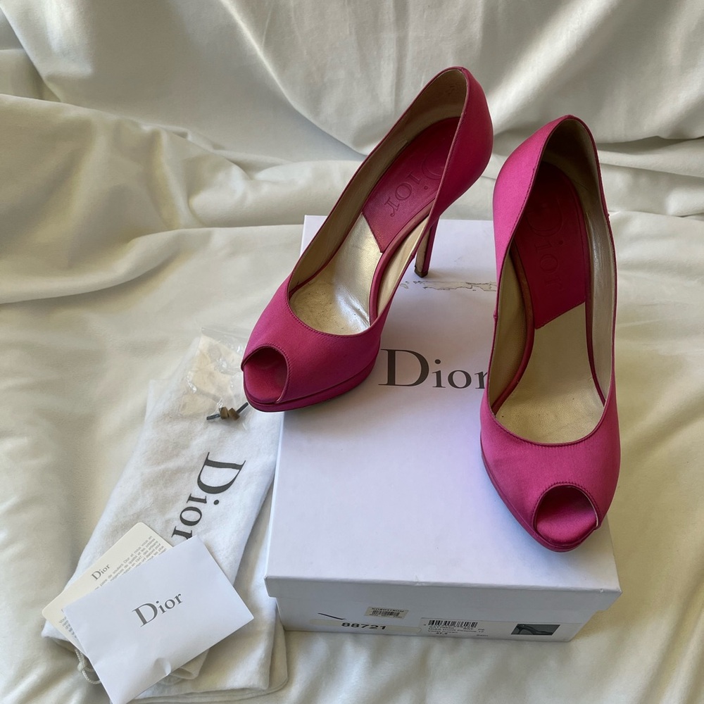 Dior Hot Pink Satin Peep-Toe Pumps
